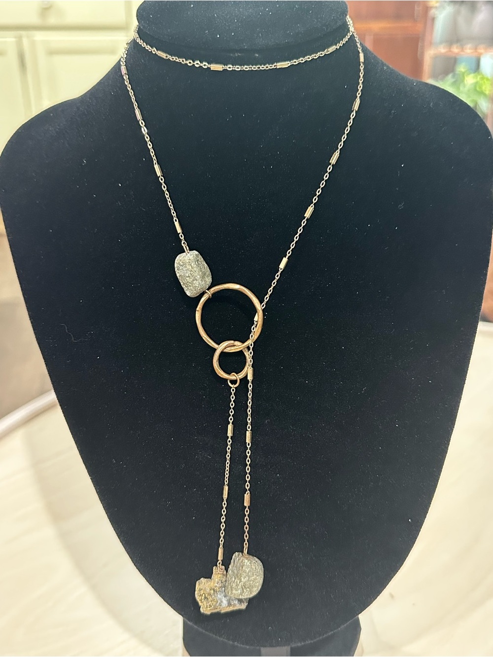 Bronze-Tone Long Lariat Necklace with Heavy Natural Stones Pendants (Unsigned)